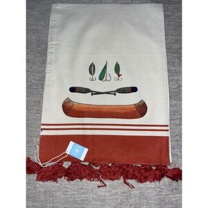 New Cabin Lodge Fishing Canoe Embroidered Table Runner Cream Rust Tassel 36in